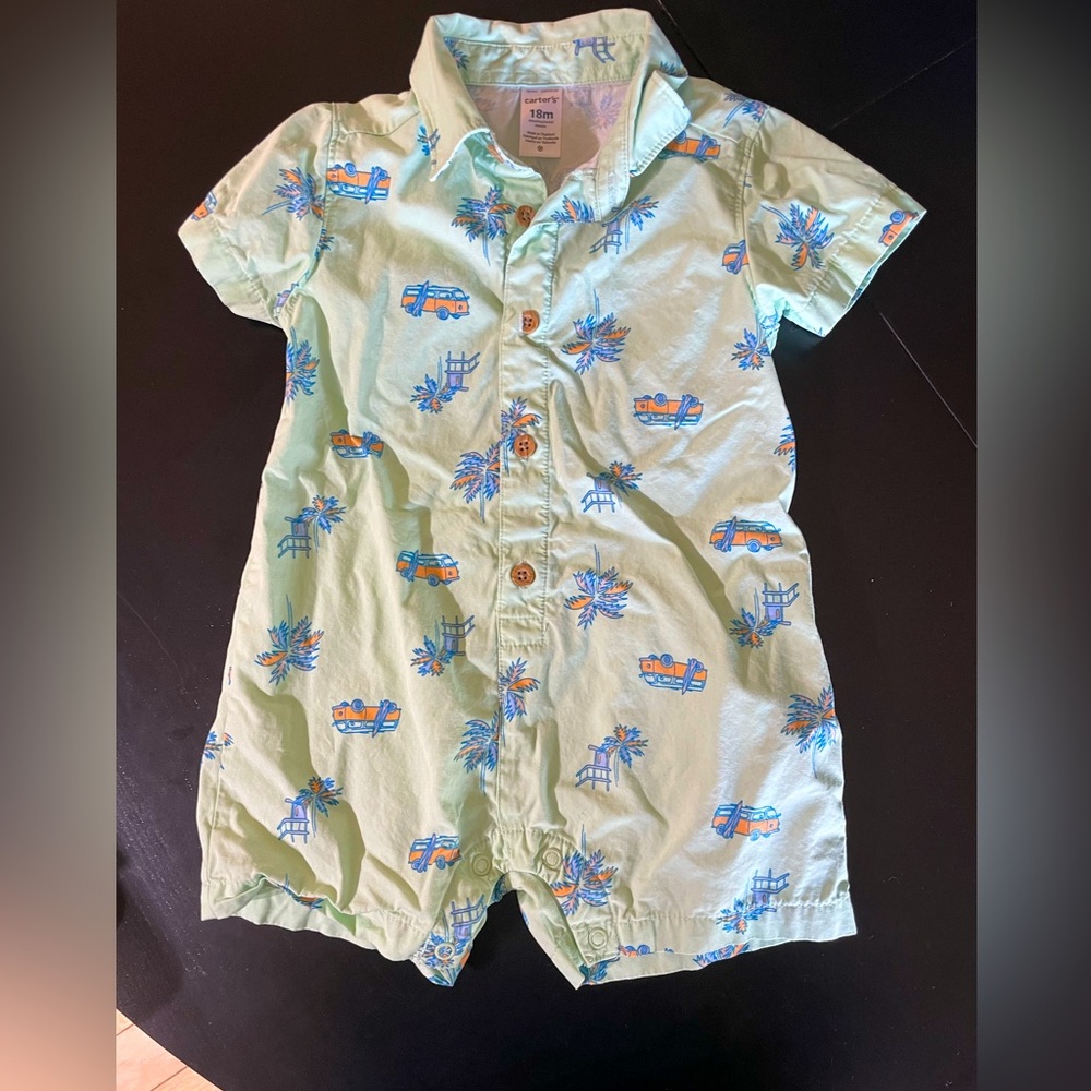 Carters one piece green surfer beach outfit tropical alm trees w snaps sz 18 mos